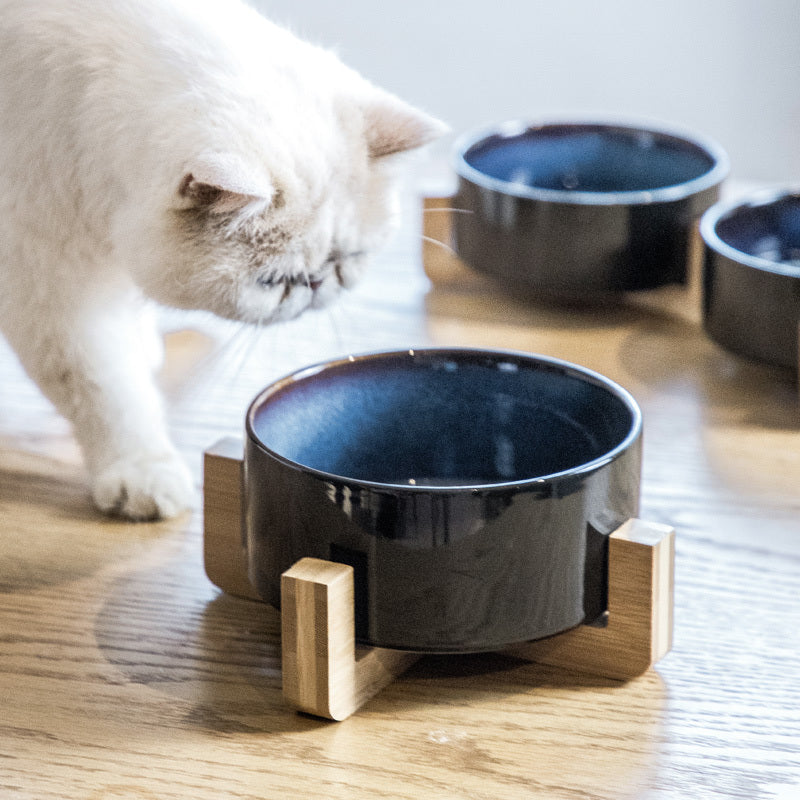 CelestiPaw Starry Sky Ceramic Cat Bowl – Double Bowl with Wooden Frame for Neck Protection