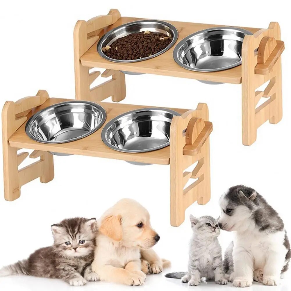 Double Pet Feeding Station - Elevated Dog Bowl Stand with Bamboo Frame and Stainless Steel Bowls for Cats and Dogs 2