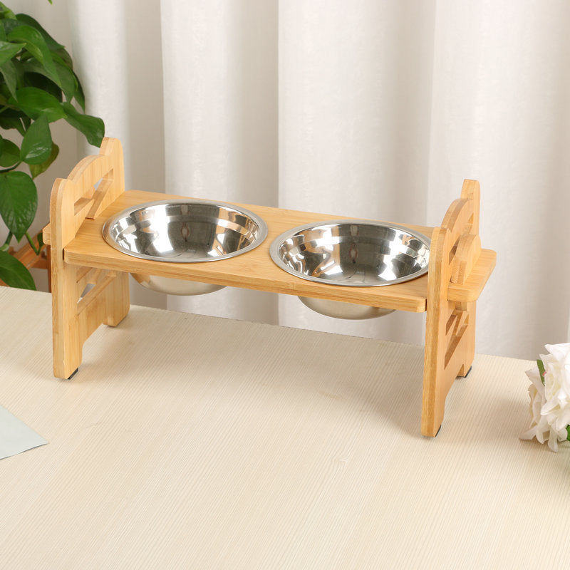 Double Pet Feeding Station - Elevated Dog Bowl Stand with Bamboo Frame and Stainless Steel Bowls for Cats and Dogs 3