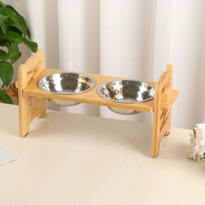 Double Pet Feeding Station - Elevated Dog Bowl Stand with Bamboo Frame and Stainless Steel Bowls for Cats and Dogs 3